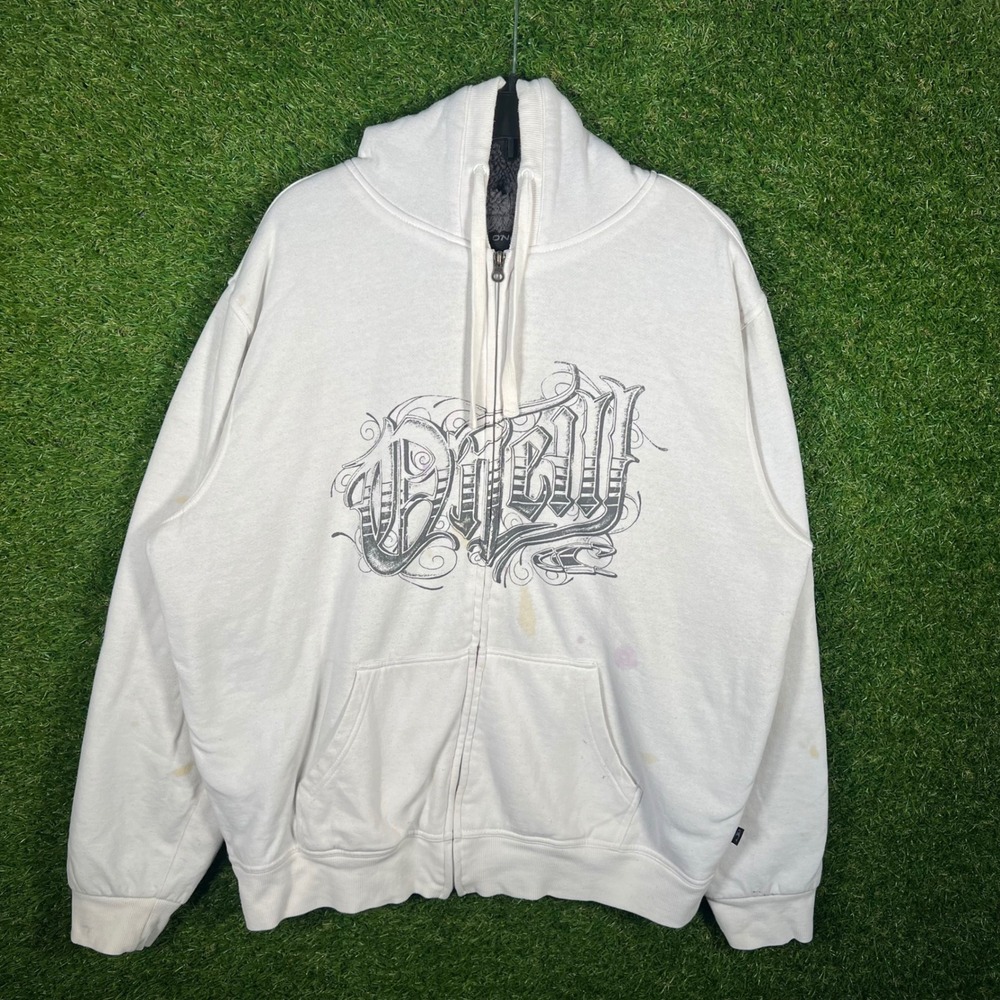 O'Neill Mens XL Zip Up Hoodie White Y2K Goth Graphic Sherpa Lined Fleece Jacket